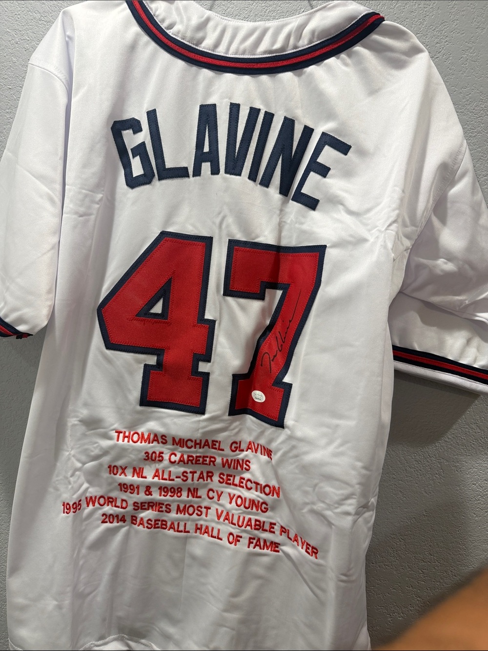 MLB Atlanta White Jersey with Red & Black Trim - #47 Tom Glavine HOF